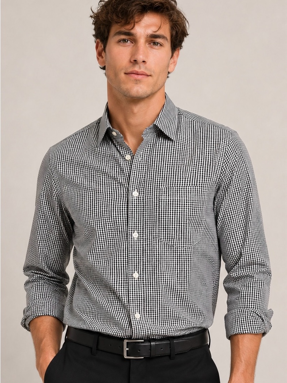 Nicole Miller-  Men’s Black White Gingham Button Down - Slim Fit - Size Medium
